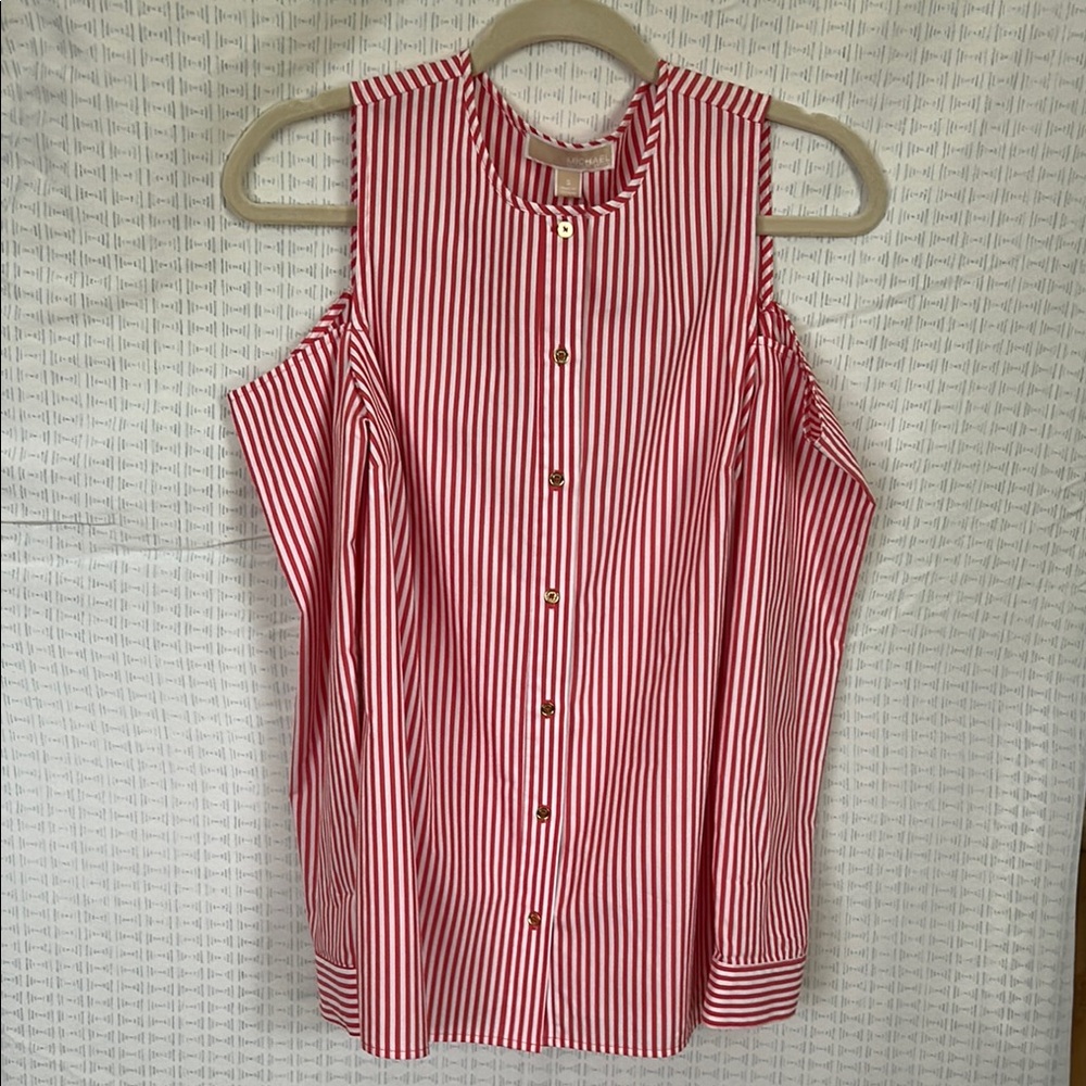 Michael Kors Coral and White Button Down Peep Shoulder Long Sleeve Shirt